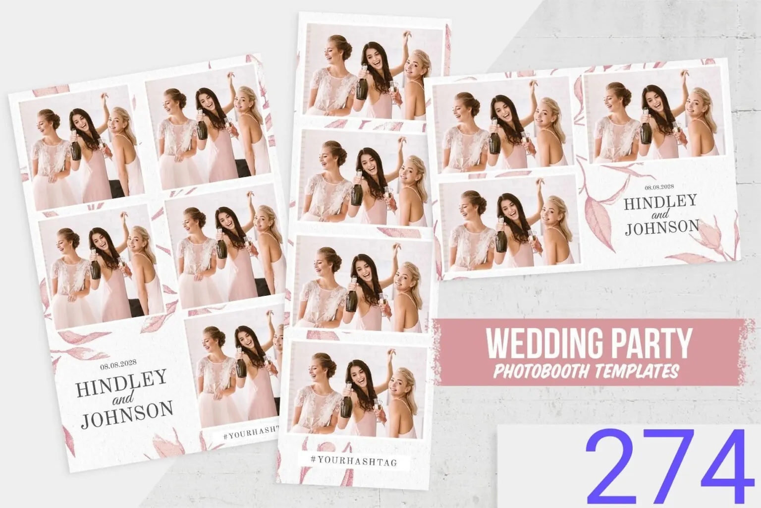 Modèle de cadre photobooth pour un mariage, feuillage rose, en bandelettes et en tirage 10×15