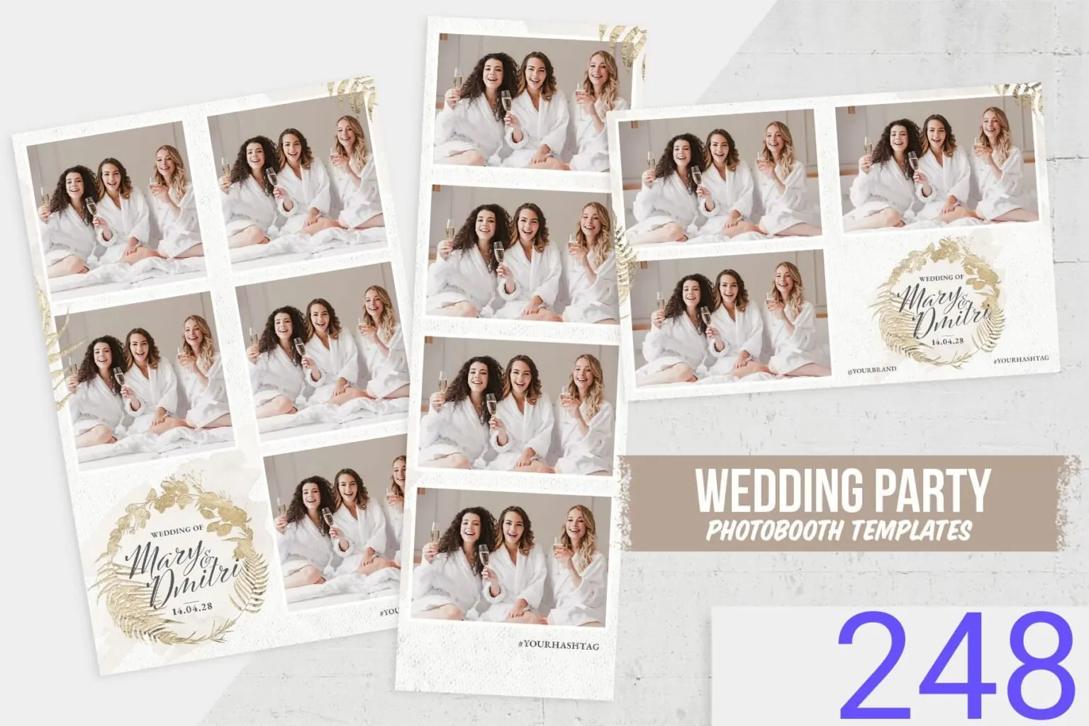 Modèle de cadre photobooth pour un mariage, couronne de feuilles dorées autour des prénoms
