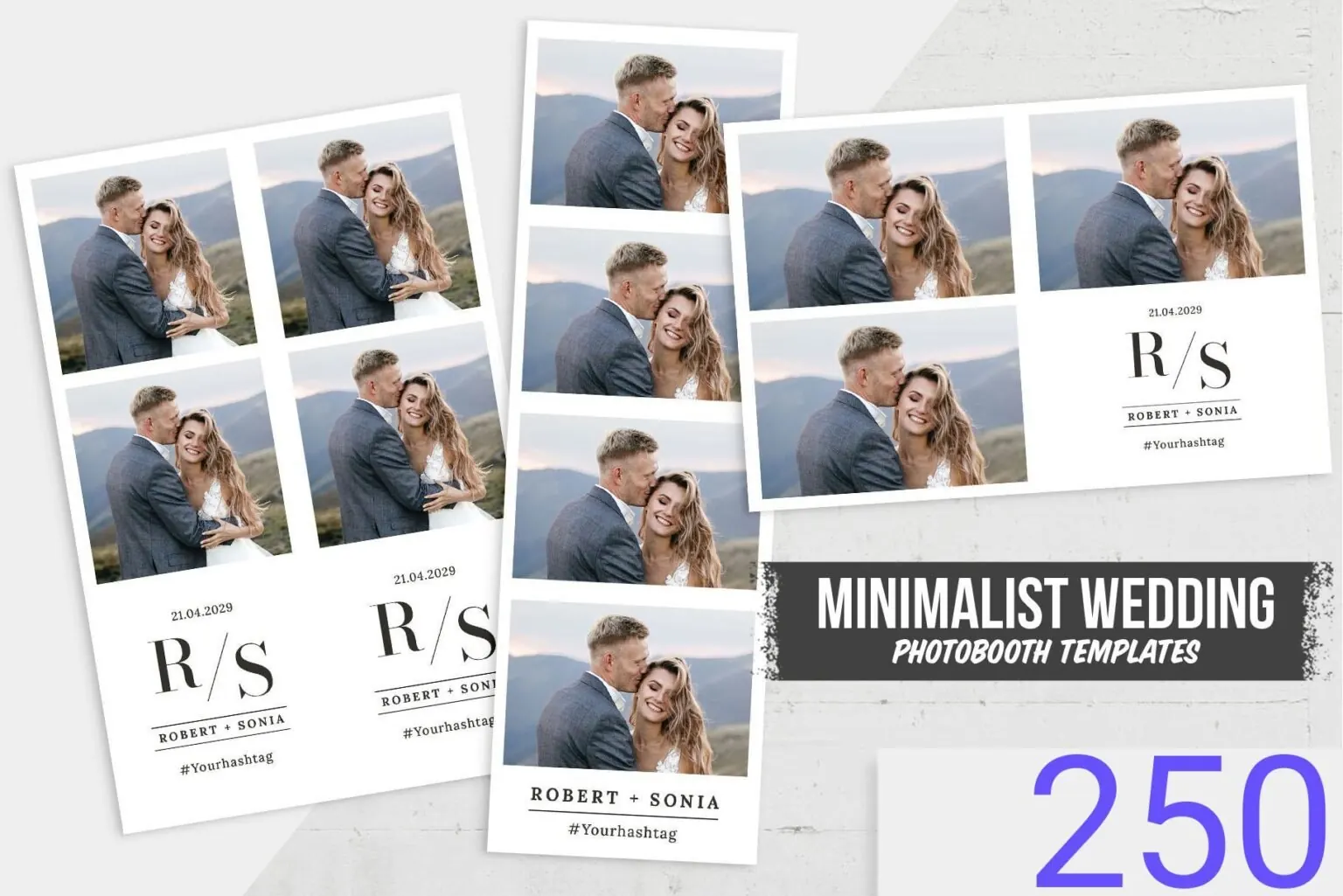 Modèle de cadre photobooth pour un mariage, style minimaliste noir et blanc avec les initiales des mariés