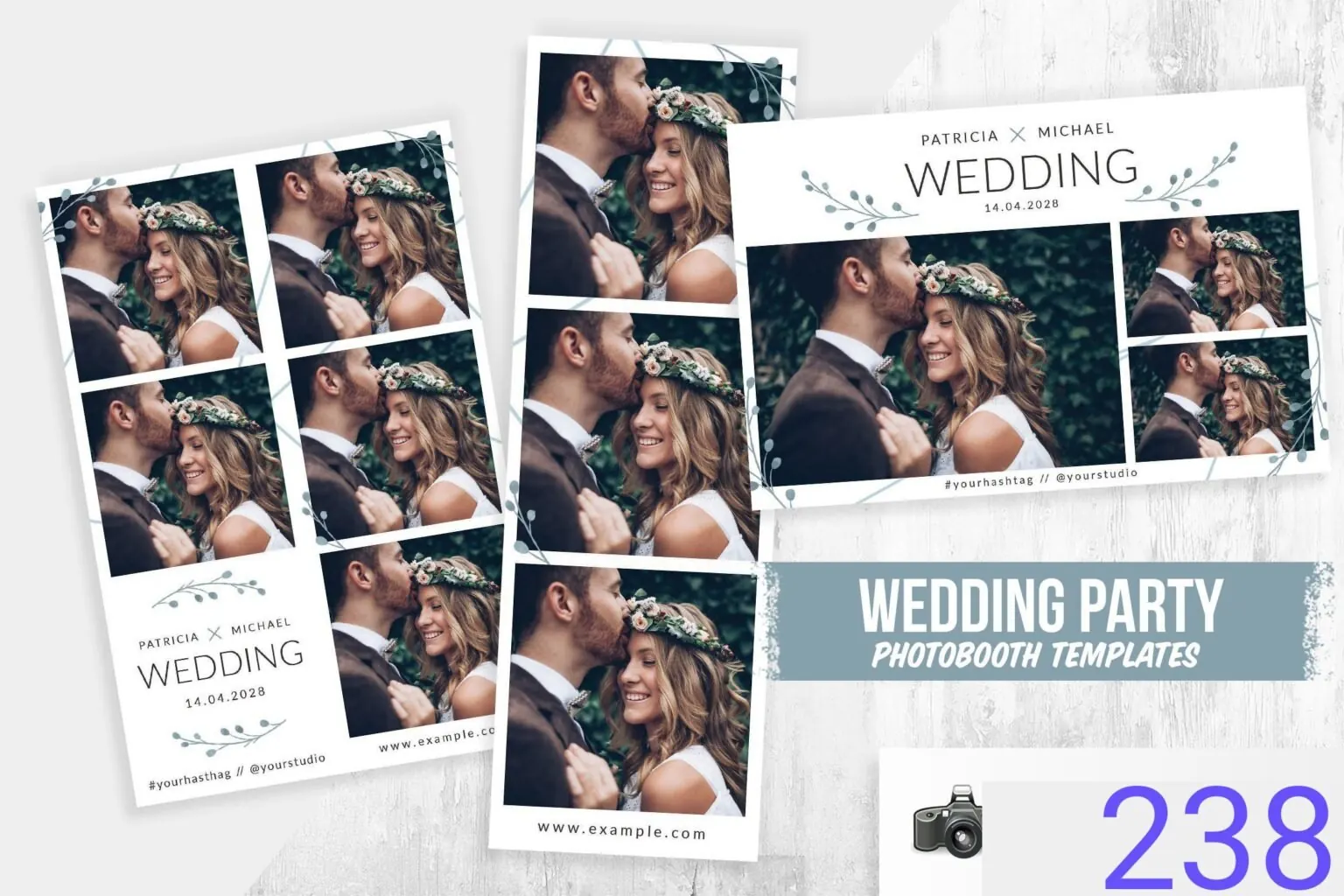 Modèle de cadre photobooth pour un mariage, titre Wedding et motif végétal discret