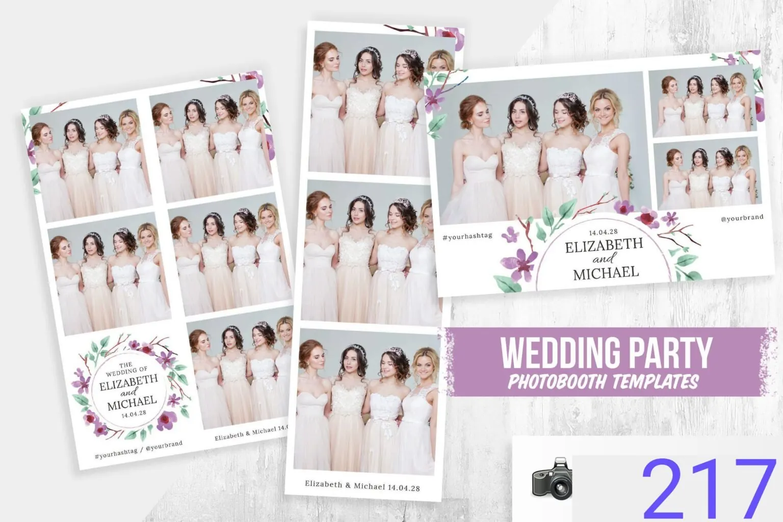 Modèle de cadre photobooth pour un mariage, fleurs violettes à l'aquarelle