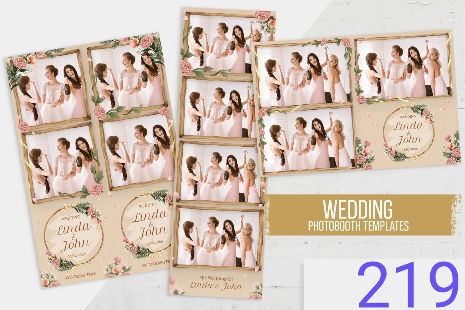 Modèle de cadre photobooth pour un mariage, style rustique avec roses sur fond kraft