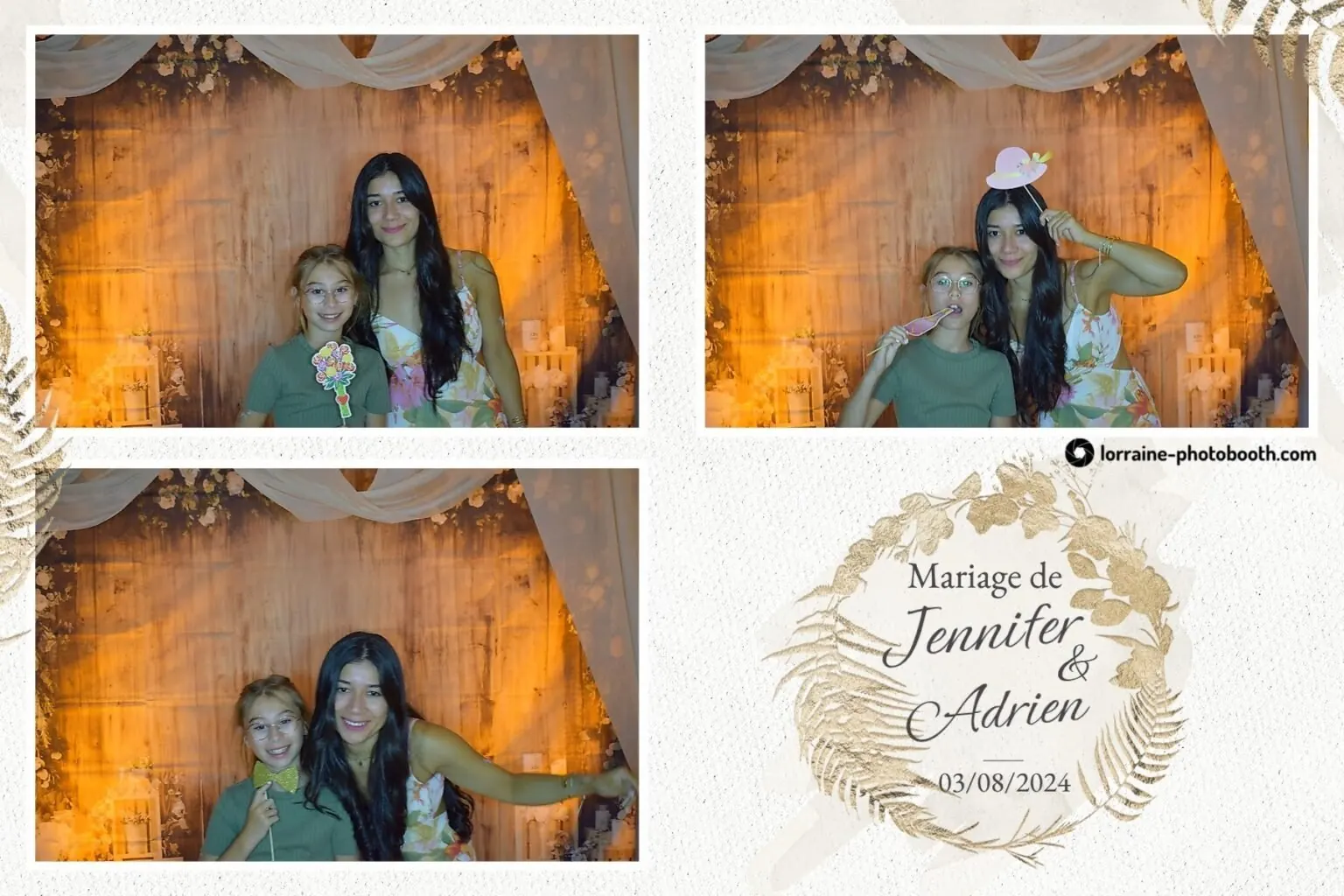 Planche photobooth de mariage en trois poses : deux invitées avec des accessoires