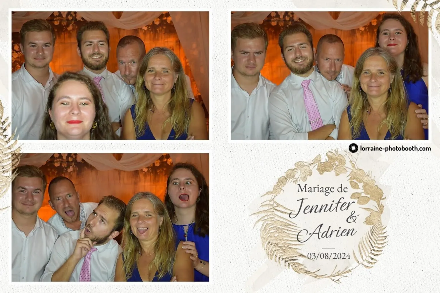 Planche photobooth de mariage en trois poses : un groupe de jeunes invités