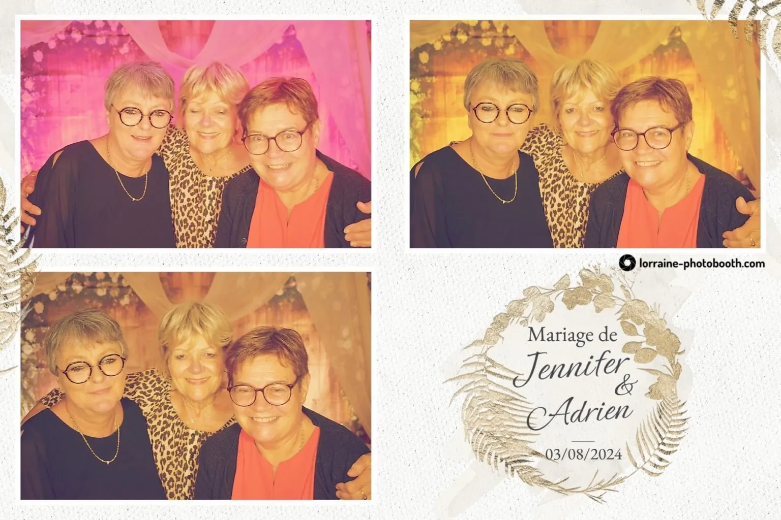 Planche photobooth de mariage en trois poses avec filtres de couleur : trois invitées