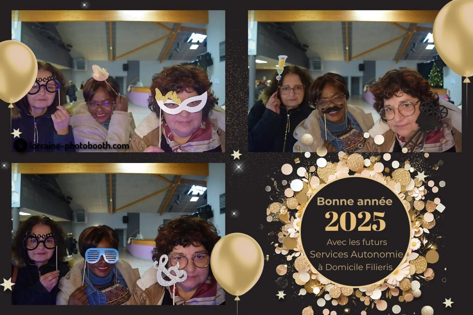 Planche photobooth en trois poses des vœux 2025 de Filieris : invités avec masques et lunettes