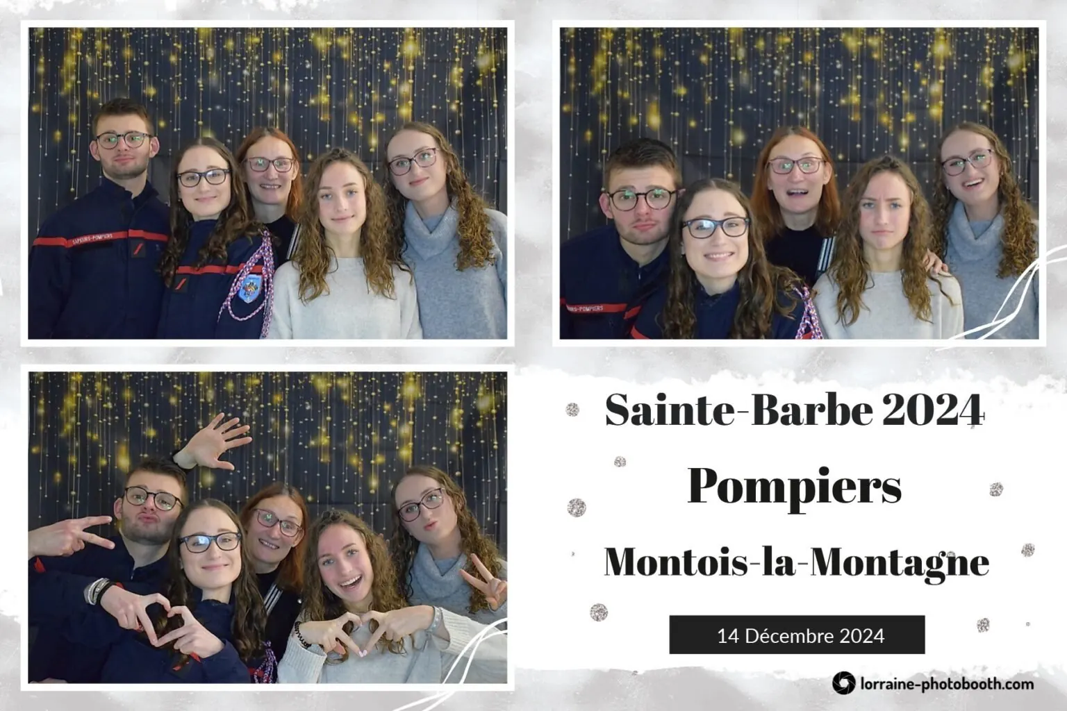 Planche photobooth en trois poses de la Sainte-Barbe 2024 à Montois-la-Montagne : un groupe de jeunes