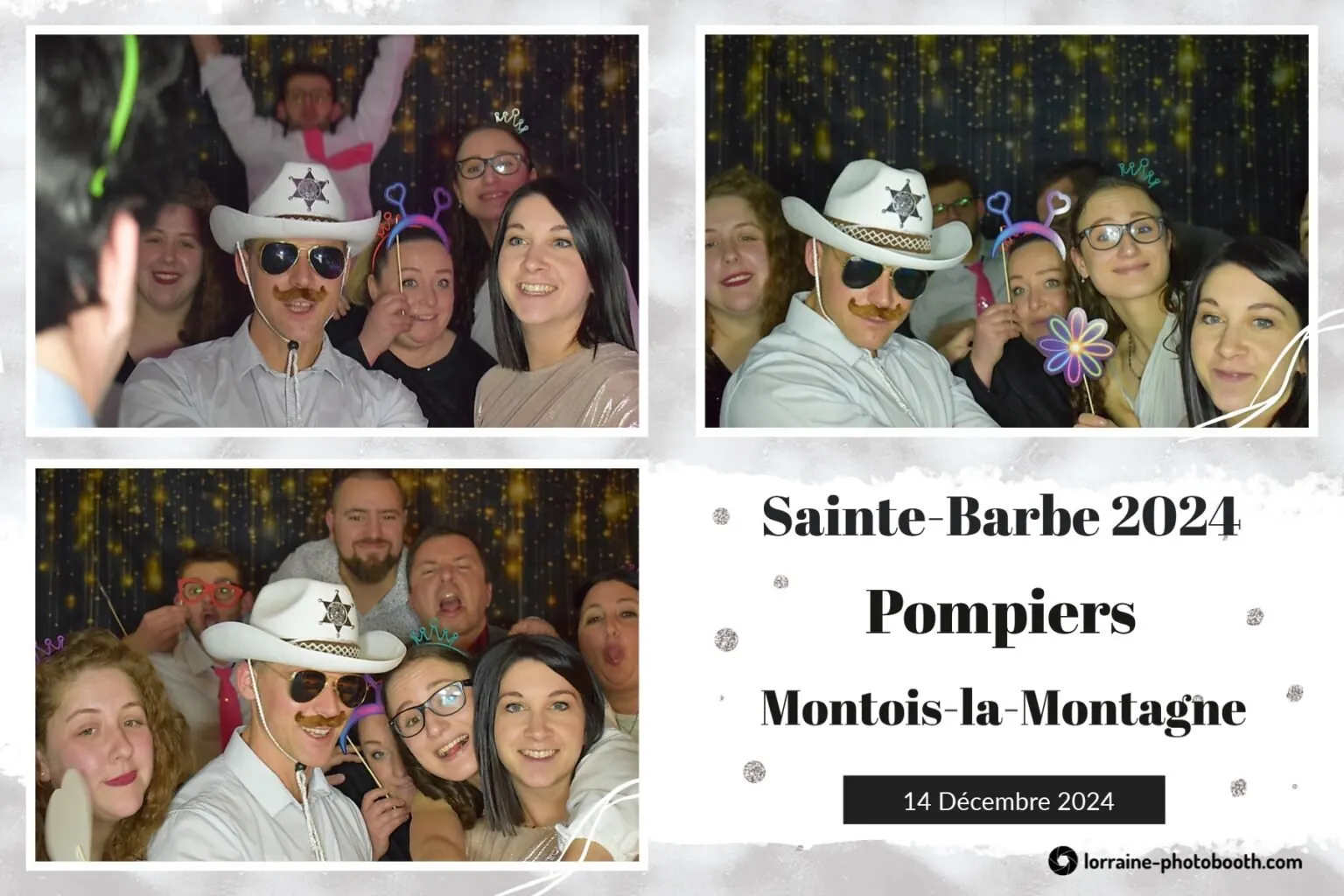 Planche photobooth en trois poses de la Sainte-Barbe 2024 : invités avec chapeau de cow-boy et lunettes