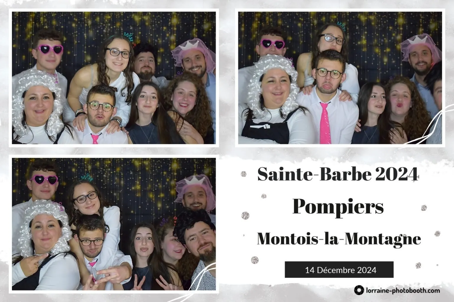Planche photobooth en trois poses de la Sainte-Barbe 2024 : invités avec perruques et lunettes