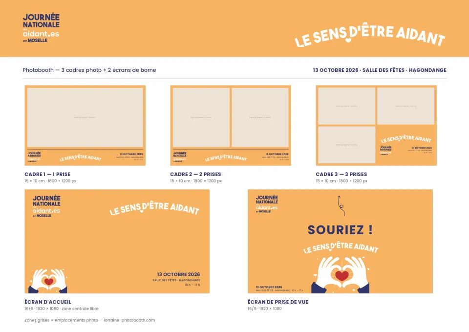 Planche des modèles de la Journée des aidant·es en Moselle : trois cadres photo orange à une, deux et trois prises, écran d'accueil et écran « Souriez ! »