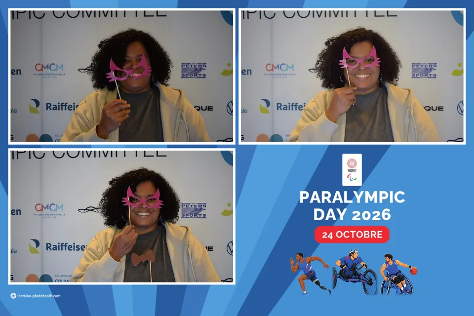 Tirage du Paralympic Day 2026 : trois prises d'une participante aux lunettes roses en carton, à côté du logo de la journée