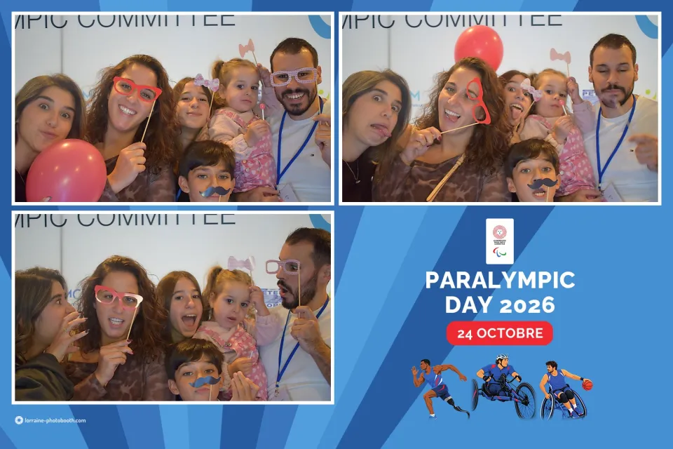 Tirage du Paralympic Day 2026 : trois prises d'une famille et de ses enfants, ballon rouge et accessoires, à côté du logo de la journée