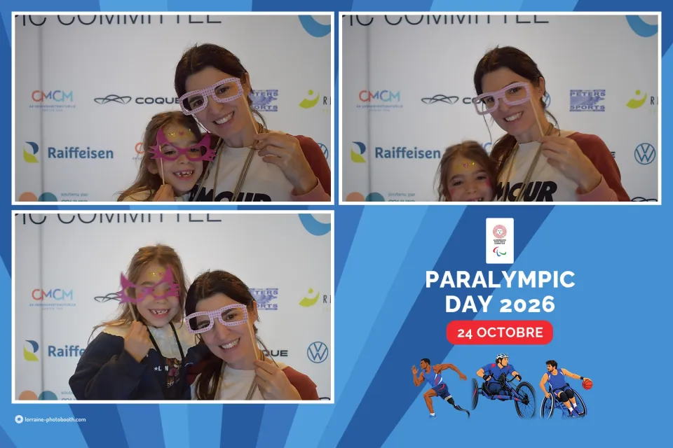 Tirage du Paralympic Day 2026 : trois prises d'une maman et sa fille avec des lunettes en carton, à côté du logo de la journée