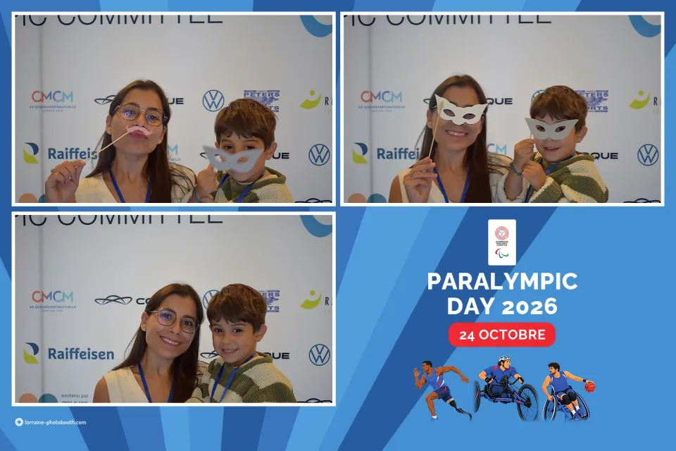 Tirage du Paralympic Day 2026 : trois prises d'une maman et son fils avec des masques en carton, à côté du logo de la journée