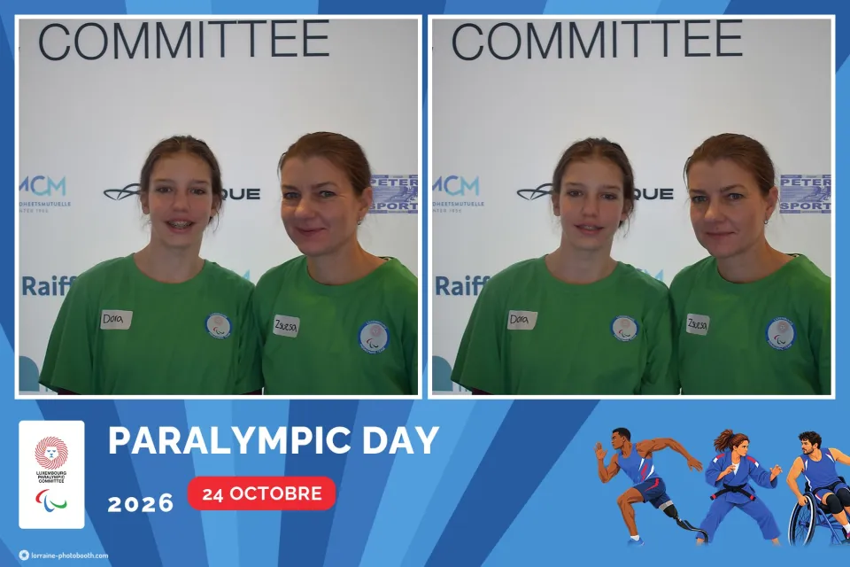 Tirage du Paralympic Day 2026 : deux participantes en t-shirt vert de la journée, grande photo au bandeau bleu