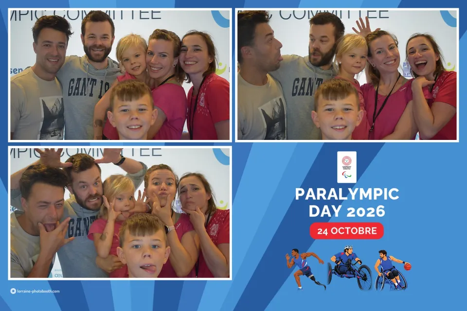 Tirage du Paralympic Day 2026 : trois prises d'une famille qui fait des grimaces, à côté du logo de la journée