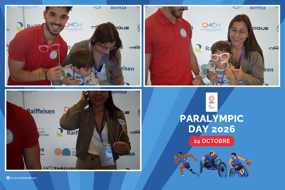 Tirage du Paralympic Day 2026 : trois prises d'un participant en polo rouge avec un enfant et des accessoires, à côté du logo de la journée