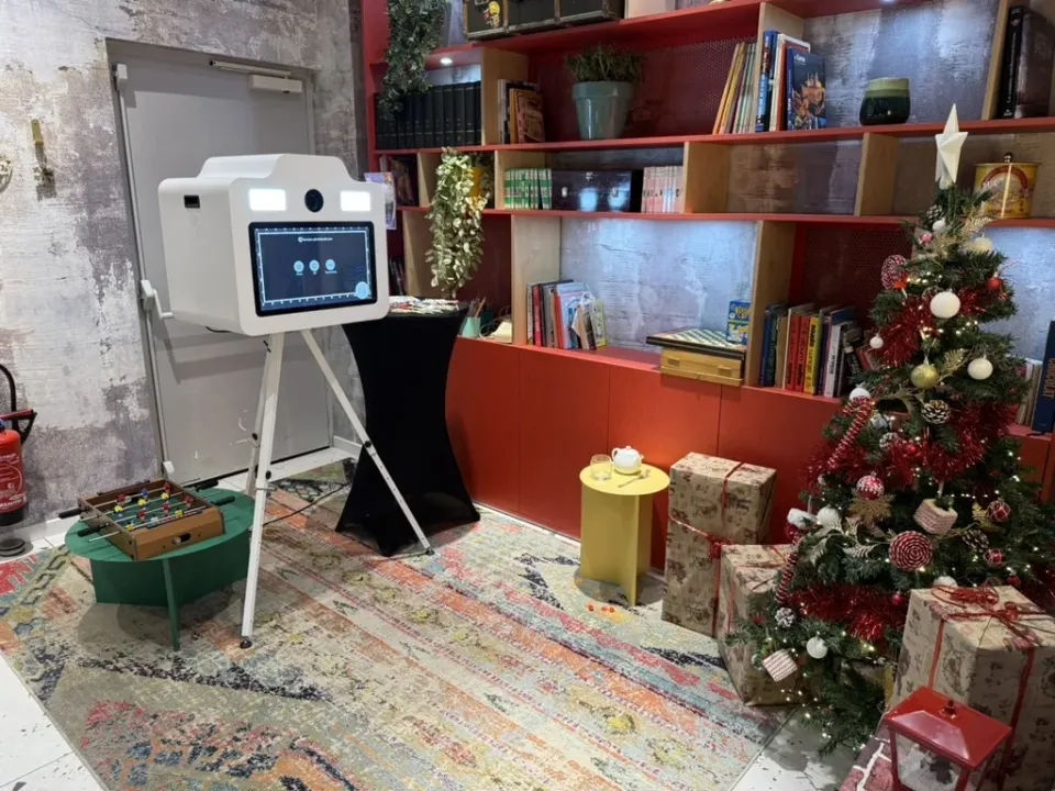Grande borne près d'un sapin décoré dans un salon