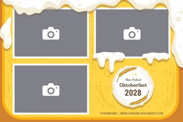 Cadre photobooth N° 100, thème Fête, disposition 15×10 paysage · 3 photos, aperçu avec le texte par défaut