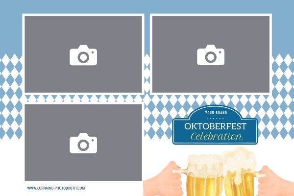 Cadre photobooth N° 104, thème Fête, disposition 15×10 paysage · 3 photos, aperçu avec le texte par défaut