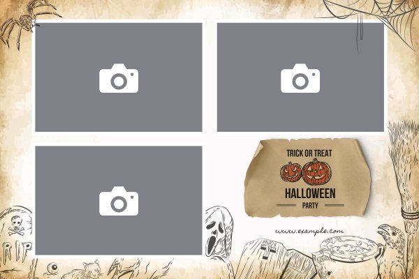 Cadre photobooth N° 107, thème Fête, disposition 15×10 paysage · 3 photos, aperçu avec le texte par défaut