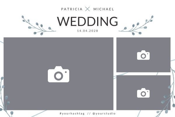 Cadre photobooth N° 110, thème Mariage · Entreprise, disposition 15×10 paysage · 3 photos, aperçu avec le texte par défaut