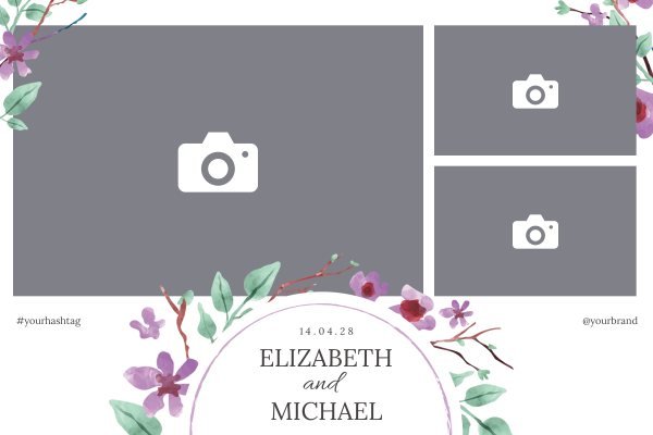 Cadre photobooth N° 112, thème Mariage · Entreprise, disposition 15×10 paysage · 3 photos, aperçu avec le texte par défaut