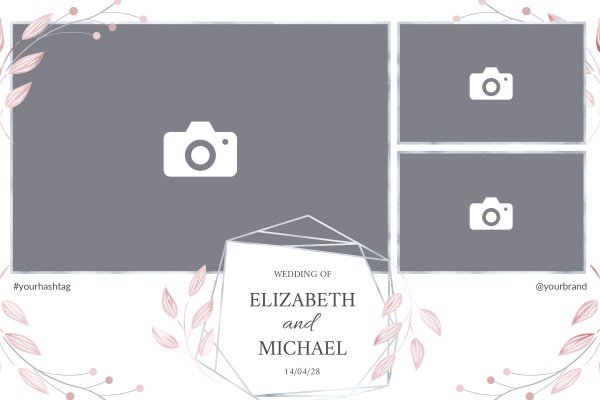 Cadre photobooth N° 114, thème Mariage · Entreprise, disposition 15×10 paysage · 3 photos, aperçu avec le texte par défaut