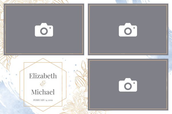 Cadre photobooth N° 117, thème Mariage · Entreprise, disposition 15×10 paysage · 3 photos, aperçu avec le texte par défaut