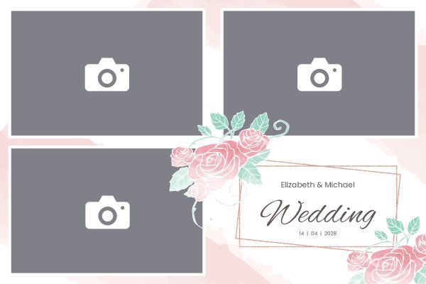 Cadre photobooth N° 118, thème Mariage · Entreprise, disposition 15×10 paysage · 3 photos, aperçu avec le texte par défaut