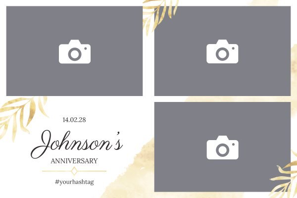 Cadre photobooth N° 124, thème Mariage, disposition 15×10 paysage · 3 photos, aperçu avec le texte par défaut