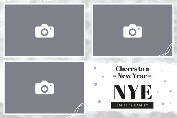 Cadre photobooth N° 129, thème Fin d'année · Entreprise, disposition 15×10 paysage · 3 photos, aperçu avec le texte par défaut