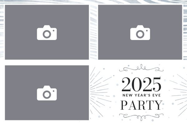 Cadre photobooth N° 130, thème Anniversaire · Fin d'année, disposition 15×10 paysage · 3 photos, aperçu avec le texte par défaut