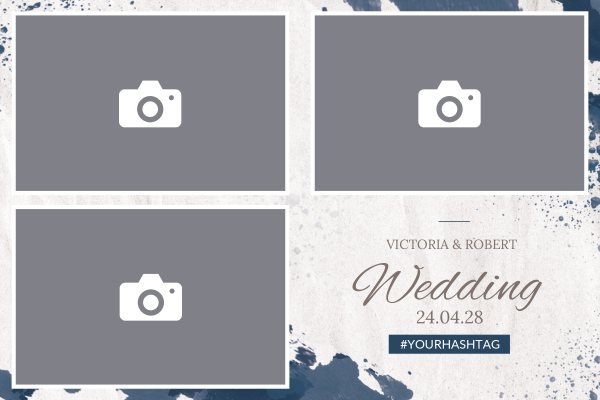 Cadre photobooth N° 135, thème Mariage, disposition 15×10 paysage · 3 photos, aperçu avec le texte par défaut