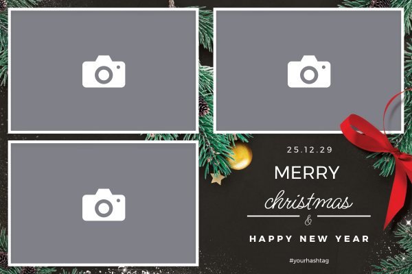 Cadre photobooth N° 150, thème Fin d'année, disposition 15×10 paysage · 3 photos, aperçu avec le texte par défaut