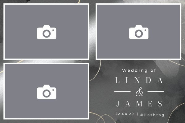 Cadre photobooth N° 153, thème Mariage · Entreprise, disposition 15×10 paysage · 3 photos, aperçu avec le texte par défaut