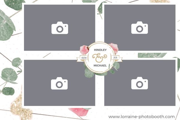 Cadre photobooth N° 16, thème Mariage, disposition 15×10 paysage · 4 photos, aperçu avec le texte par défaut