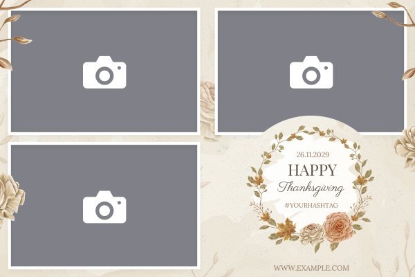 Cadre photobooth N° 164b, thème Mariage · Fête, disposition 15×10 paysage · 3 photos, aperçu avec le texte par défaut