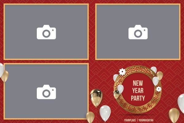 Cadre photobooth N° 167, thème Fin d'année, disposition 15×10 paysage · 3 photos, aperçu avec le texte par défaut