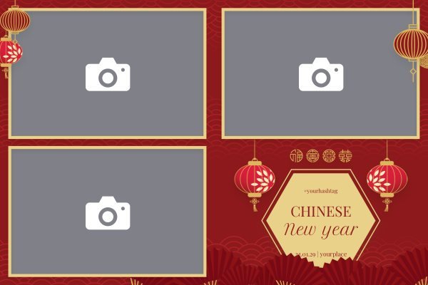 Cadre photobooth N° 168, thème Fin d'année, disposition 15×10 paysage · 3 photos, aperçu avec le texte par défaut