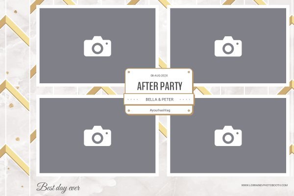 Cadre photobooth N° 17, thème Anniversaire, disposition 15×10 paysage · 4 photos, aperçu avec le texte par défaut