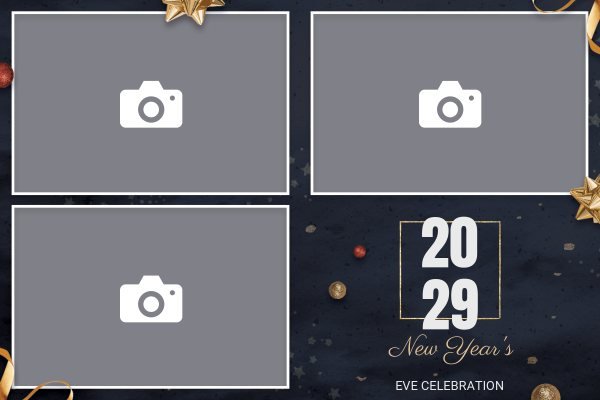 Cadre photobooth N° 170, thème Fin d'année, disposition 15×10 paysage · 3 photos, aperçu avec le texte par défaut