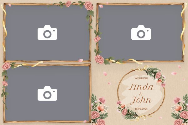 Cadre photobooth N° 172, thème Mariage, disposition 15×10 paysage · 3 photos, aperçu avec le texte par défaut