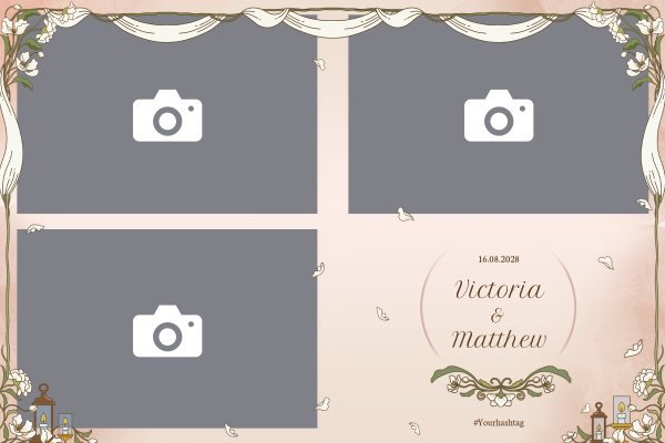 Cadre photobooth N° 173, thème Mariage, disposition 15×10 paysage · 3 photos, aperçu avec le texte par défaut