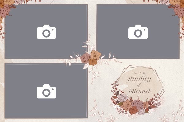 Cadre photobooth N° 175, thème Mariage, disposition 15×10 paysage · 3 photos, aperçu avec le texte par défaut