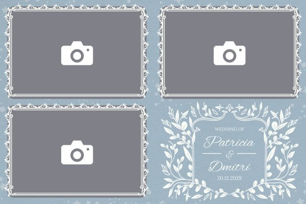 Cadre photobooth N° 176, thème Mariage, disposition 15×10 paysage · 3 photos, aperçu avec le texte par défaut