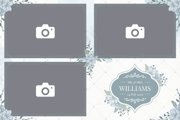 Cadre photobooth N° 177, thème Mariage, disposition 15×10 paysage · 3 photos, aperçu avec le texte par défaut