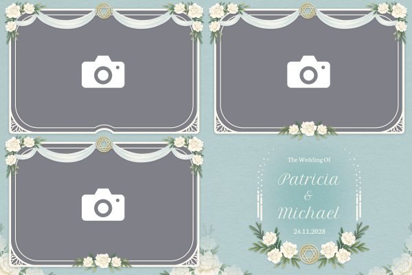 Cadre photobooth N° 179, thème Mariage, disposition 15×10 paysage · 3 photos, aperçu avec le texte par défaut
