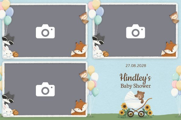 Cadre photobooth N° 181, thème Anniversaire · Baptême, disposition 15×10 paysage · 3 photos, aperçu avec le texte par défaut