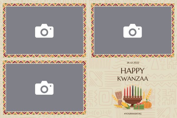 Cadre photobooth N° 182, thème Tous thèmes, disposition 15×10 paysage · 3 photos, aperçu avec le texte par défaut
